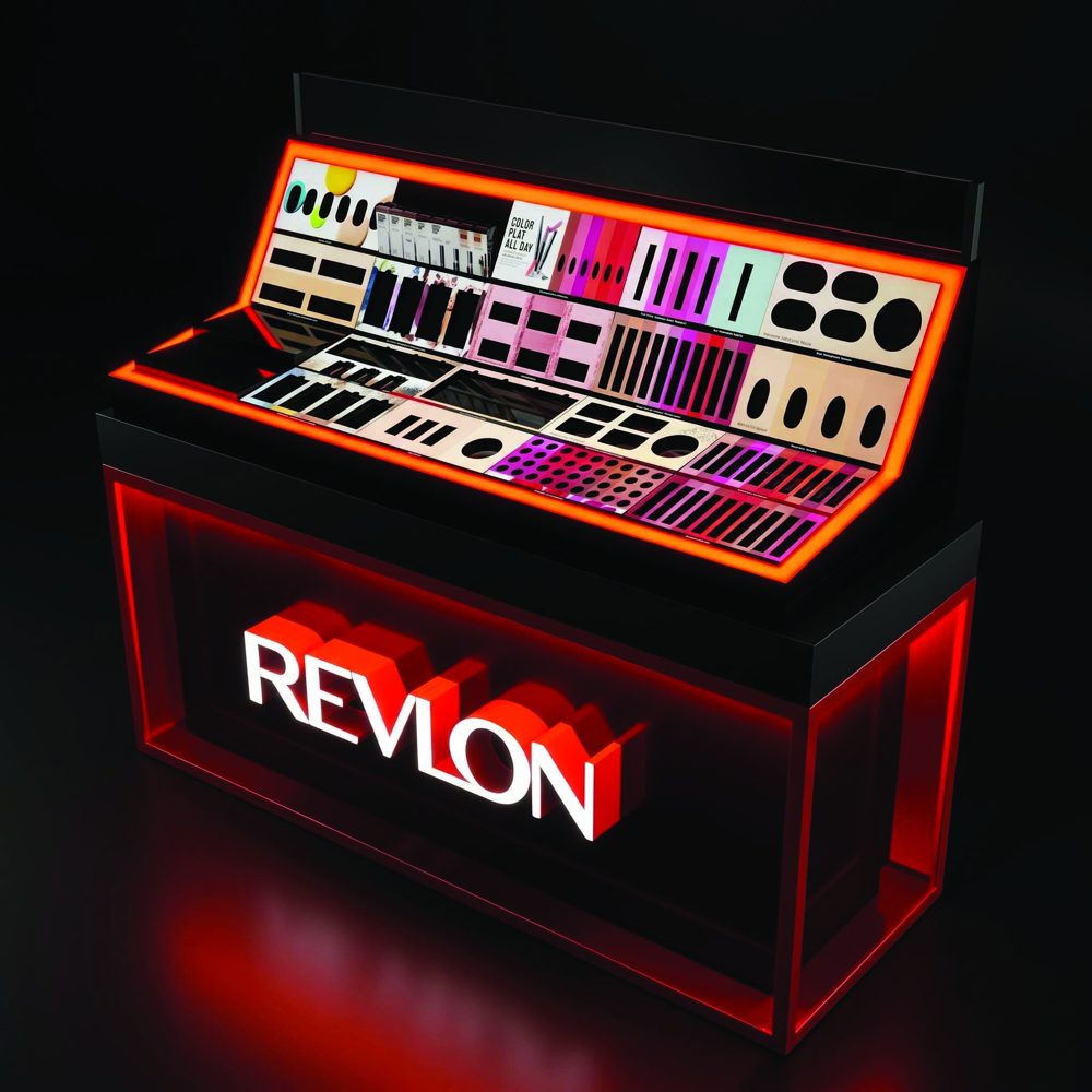 Table display unit (TDU) kosmetik dengan logo LED untuk modern trade